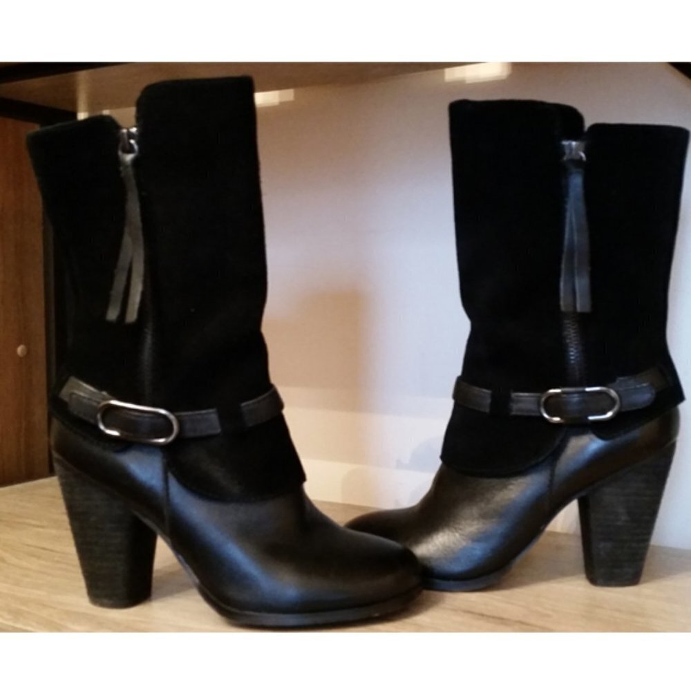 𝅺Kensie Hunter Size 7 Black Suede Leather Zip Boots Chunky Heel Buckle Wrap. - Picture 5 of 9